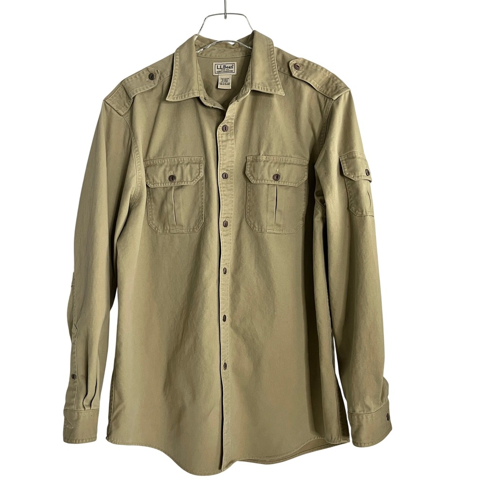 Rare LL Bean Maine Sportsman Shirt Khaki Cotton Utility Field Long Sleeve Mens M